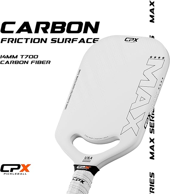 CPX MAX Series Raw Carbon Fiber T700 Pickleball Elongated Paddle Racket - Professional Grade, 14mm Core Thickness, Comfortable Tennis Style Grip - Durable Pickleball Paddle Designed in Chicago, USA