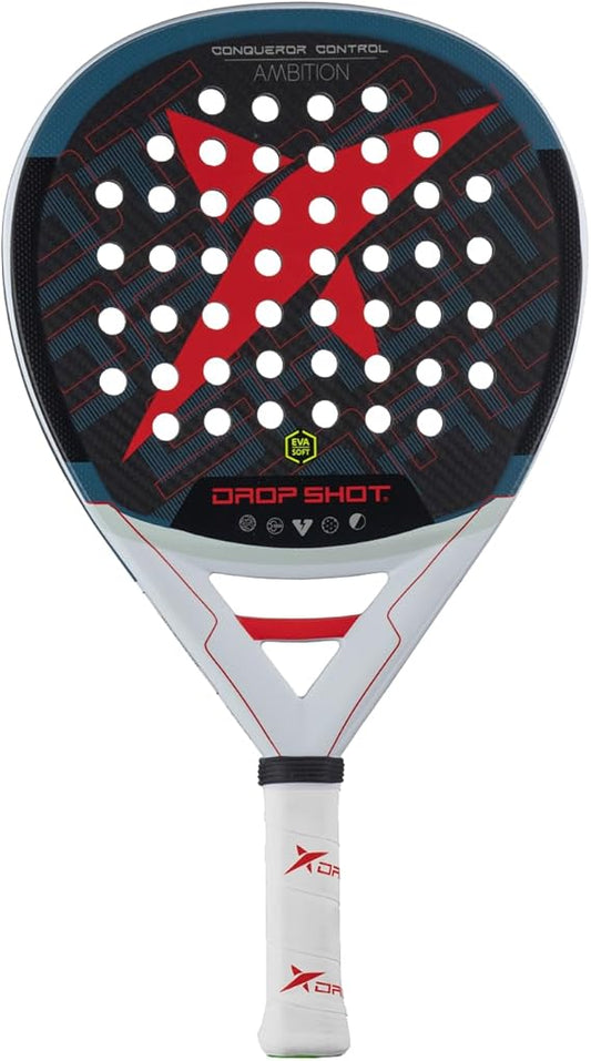 JMD Drop Shot Conqueror Control - Padel Racket with Shock Absorption, Great Control and Power Professional Padel 2024, Black/Red/White